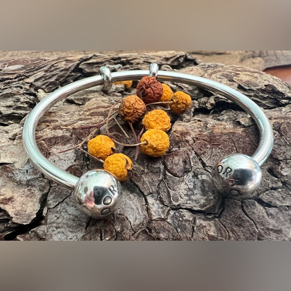 Authentic Pandora Small 1 Open Bangle Charm Bracelet Smooth Silver End Caps - Picture 2 of 6